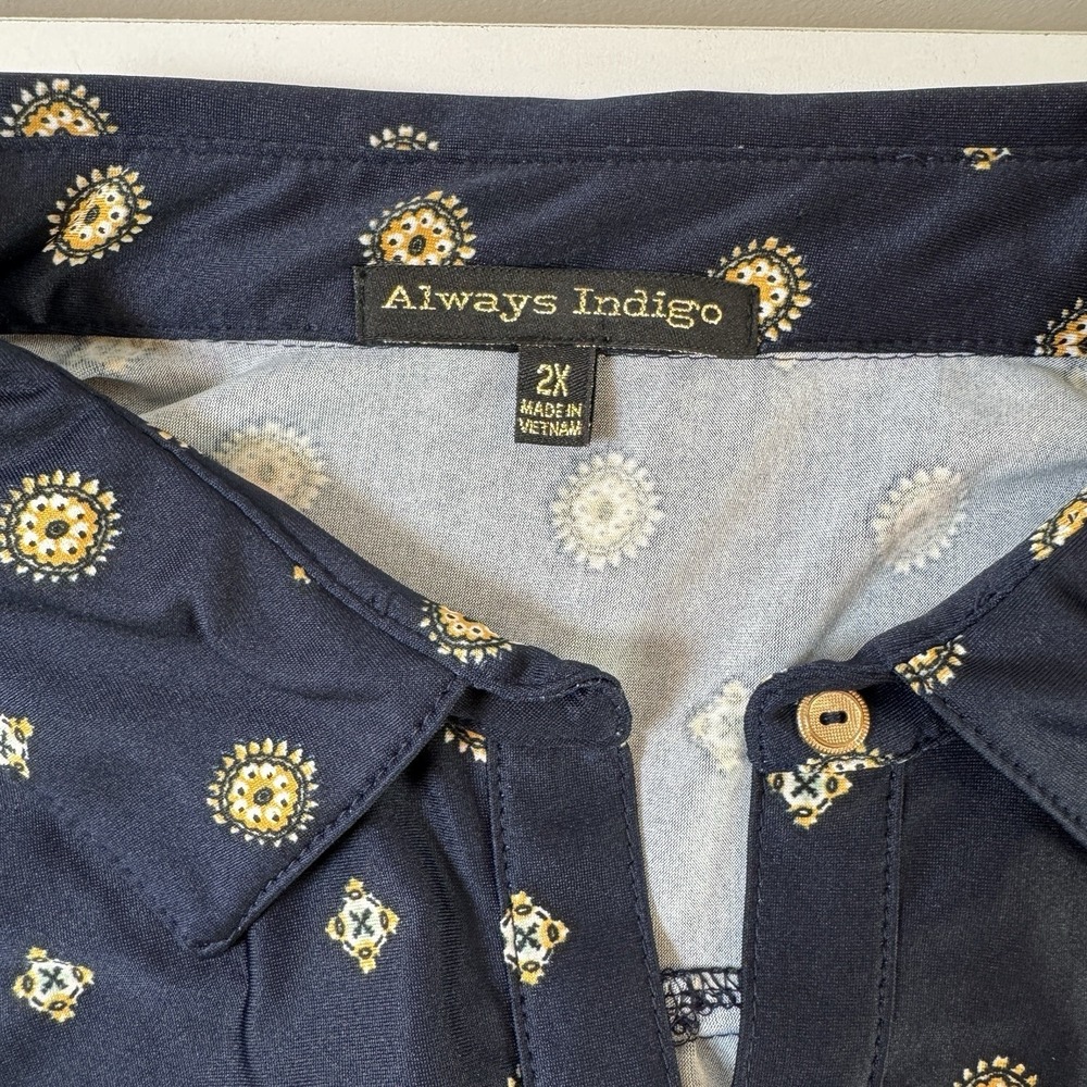 Always Indigo Dress Womens 2X Shirt Dress Navy Blue Medallion Button-Down Boho - Picture 3 of 6